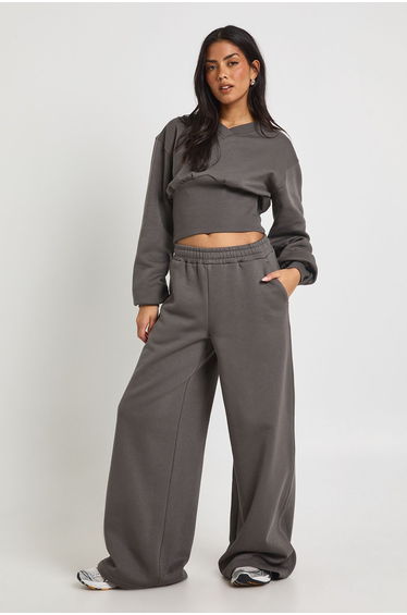 V Neck Deep Waist Sweatshirt Tracksuit - charcoal