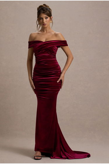 Apolline | Berry Velvet Off The Shoulder Ruched Fishtail Maxi Dress