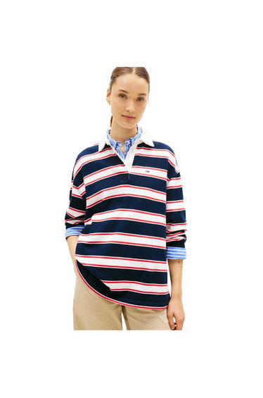Tommy Jeans Womens/Ladies Striped Relaxed Fit Rugby Sweatshirt - Dark Navy