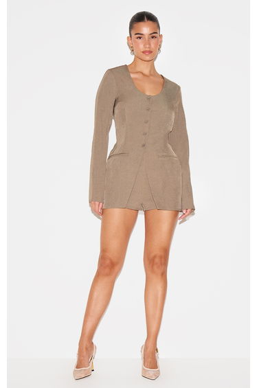 Khaki Tailored Button Down Scoop Neck Playsuit