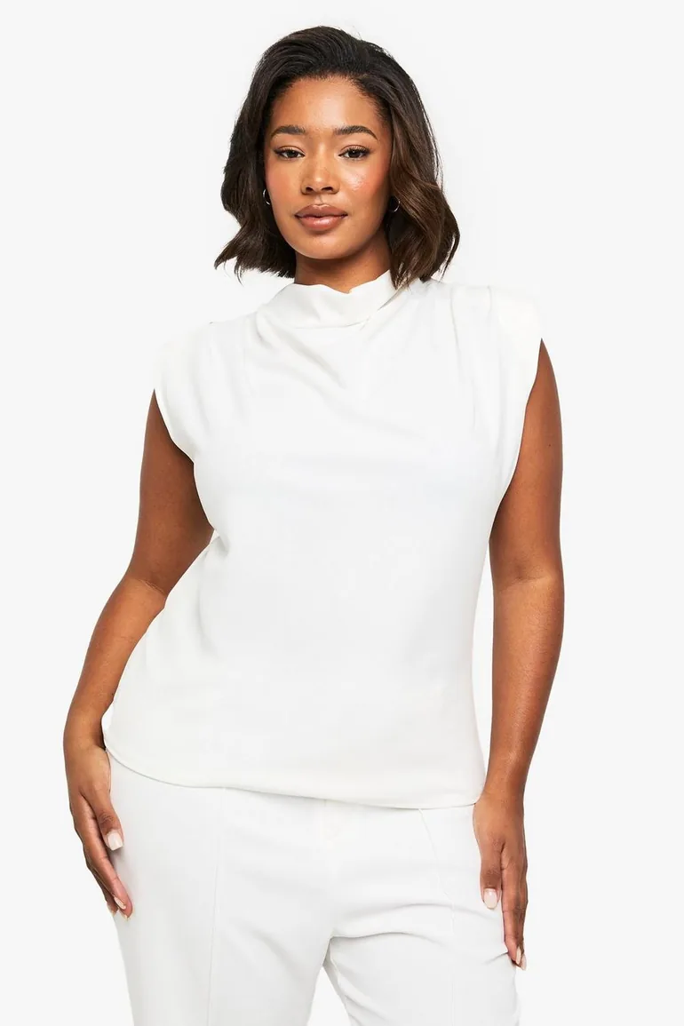Plus Cowl Neck Crepe Shoulder Pad Blouse - ivory - 2