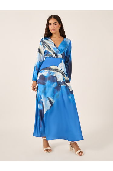 Abstract Print Cuffed Sleeves A-Line Maxi Dress