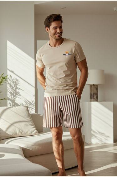 Beige Coffee Striped Regular Fit Couple/Double Shorts 100% Cotton Knitted Men's Pajama Set