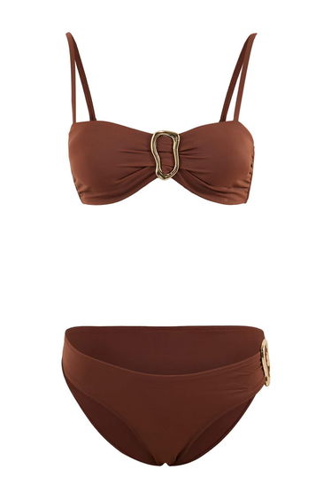 Brown Strapless Covered Accessorized Regular Waist Regular Bikini Set