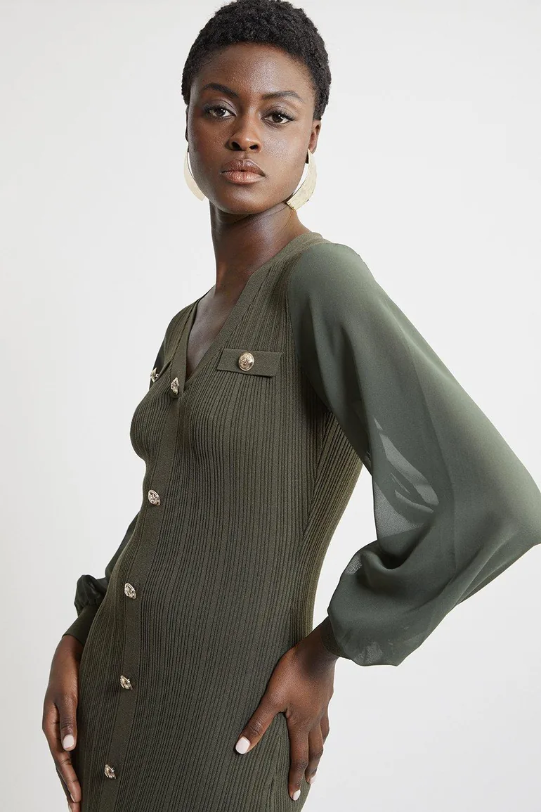 Shop Military Rib Knit Georgette Sleeve Midi Dress Online in Bahrain Shop Military Rib Knit Georgette Sleeve Midi Dress Online in Bahrain
