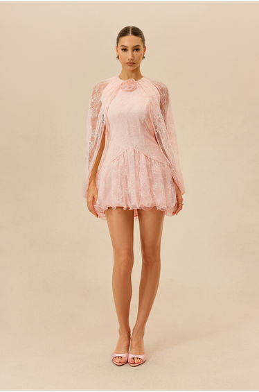 Sunday Stroll Apricot Cape Sleeve Floral Lace Mini Dress