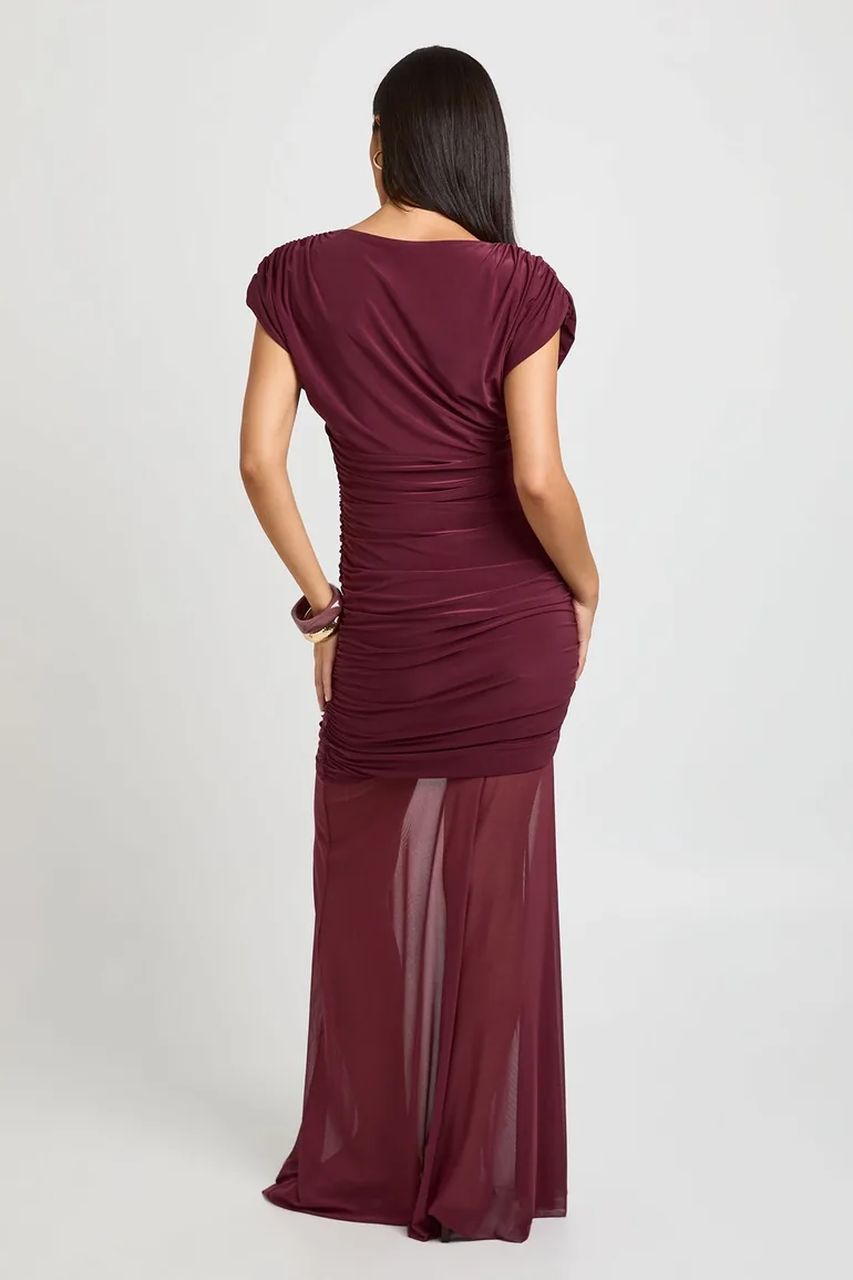 Ruched Bodice Asym Neck Maxi Dress - plum - 1