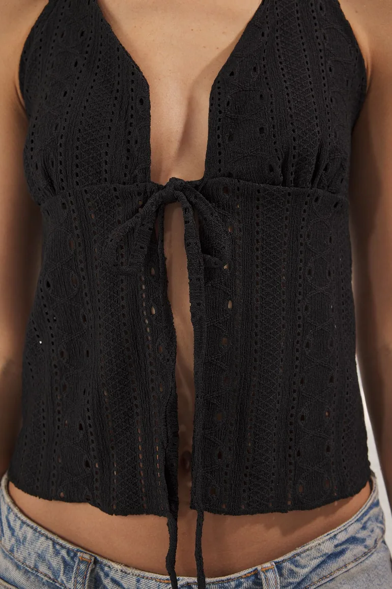 Black Jacquard Tie Detailed Fitted/Fits-On Knitted Blouse - 2