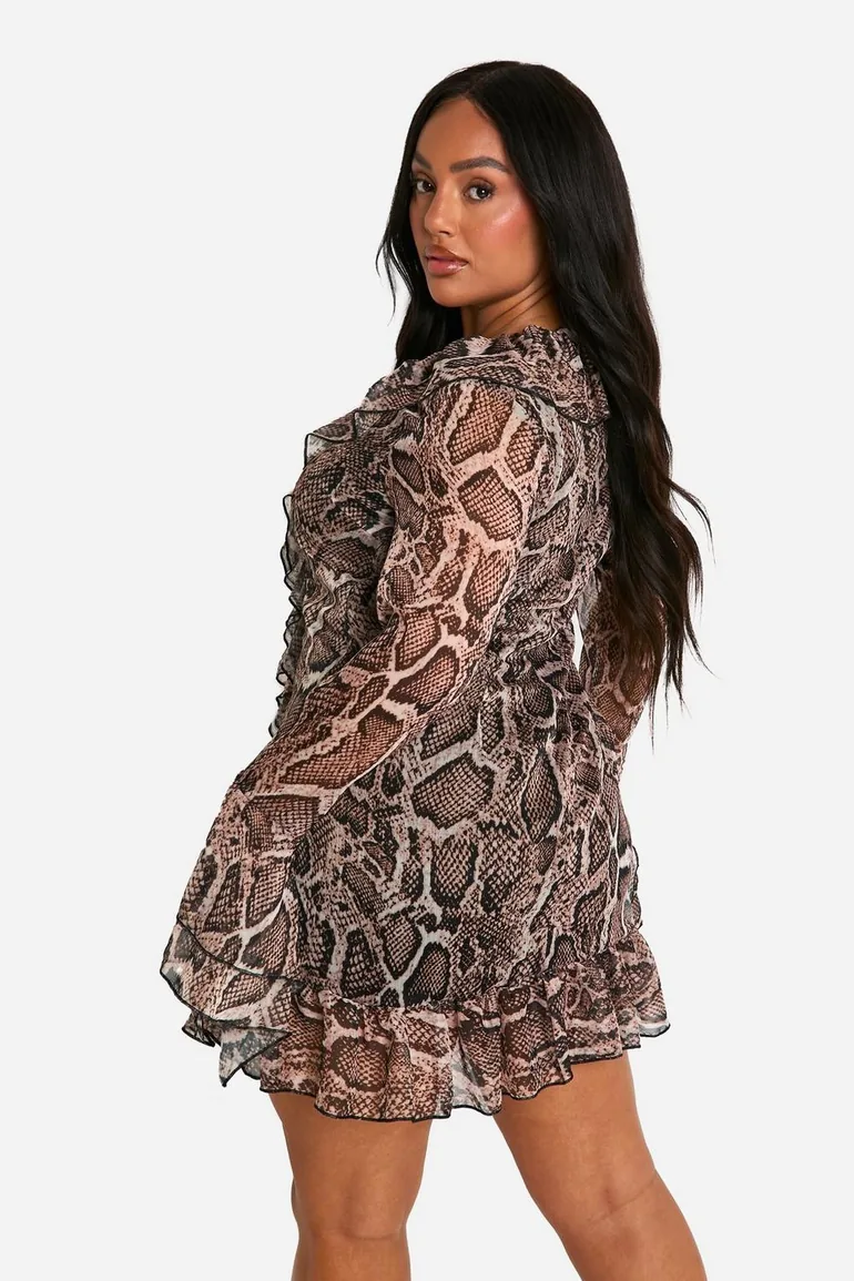 Plus Woven Ruffle Snake Print  Dress - snake - 2
