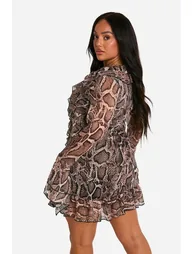 Plus Woven Ruffle Snake Print  Dress - snake - 2
