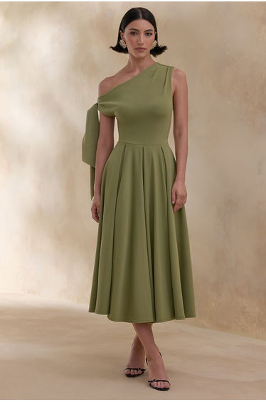 Daring | Olive Asymmetric-Neck Midi Dress With Knot-Detail