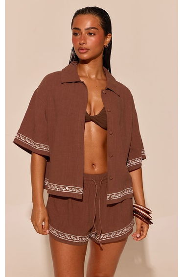 Chocolate Linen Look Geometric Trim Cropped Shirt