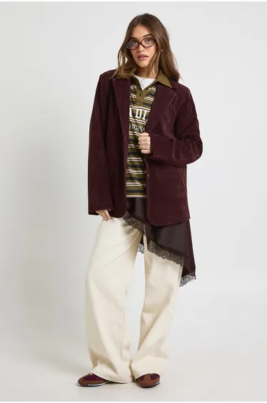 Vintage Look Faux Suede Relaxed Fit Blazer - wine