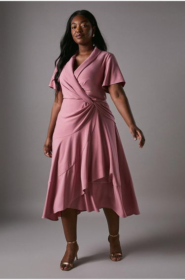 Plus Shawl Collar Ruffle Hem Midi Dress With Fluted Sleeve