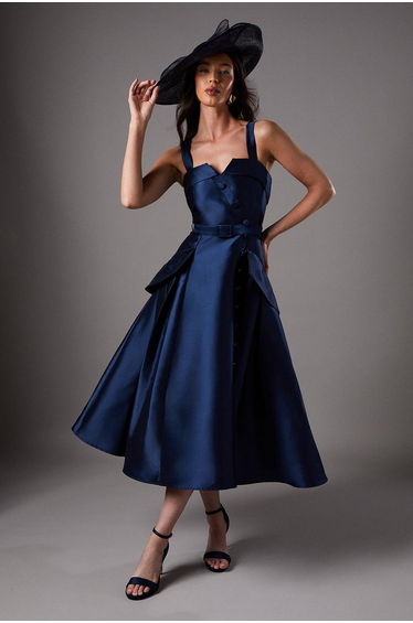 Lisa Tan Twill Volume Belted Midi Dress