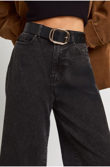 Faux Leather Double Buckle Detail Belt - black