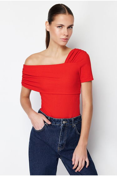 Red Asymmetric Collar Fitted/Situated Snaps Knitted Bodysuit