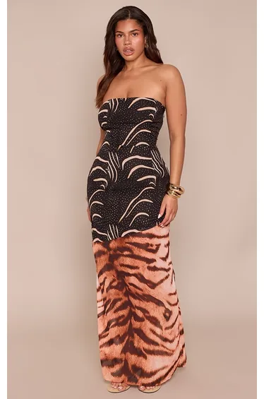 Shape Black Contrast Animal Print Asymmetrical Bandeau Midi Dress