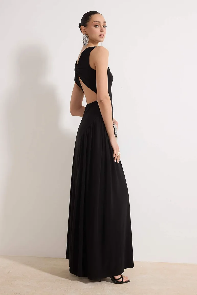 Black Back Detailed Knitted Maxi Evening Dress & Graduation Dress - 1