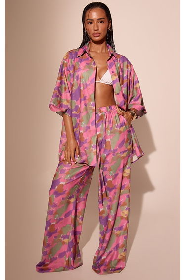 Purple Printed Linen Look Drawstring Beach Trousers