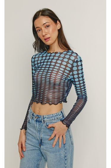 Blue Spot Print Mesh Top