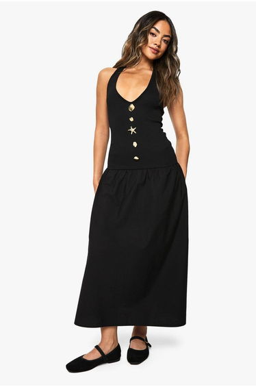 Starfish Gold Trim Rib Poplin Mix Midaxi Dress - black