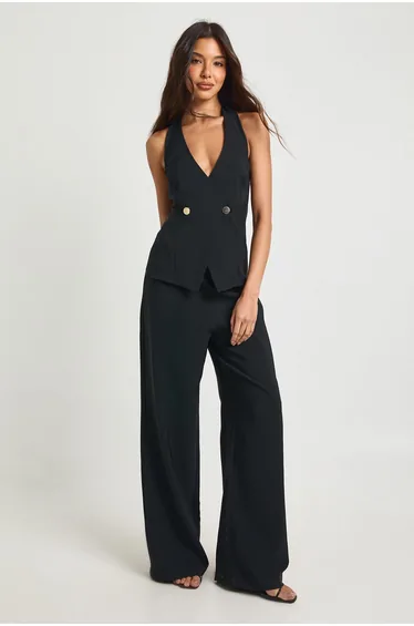 Gold Button Wrap Front Jumpsuit - black