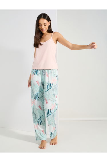 Solid Cami and Tropical Print Pyjama Set