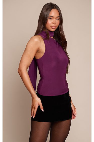 Plum Double Layer Slinky Scarf Detail Top