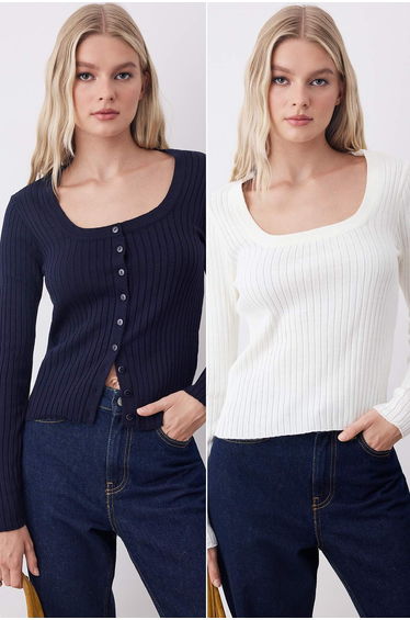 Navy Blue-Ecru Basic 2-Pack Knitwear Sweater-Cardigan