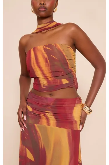 Multi Abstract Printed Chiffon Scarf Detail Ruched Bandeau Top