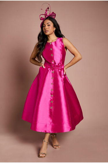 Petite Button Through Belted Prom Dress