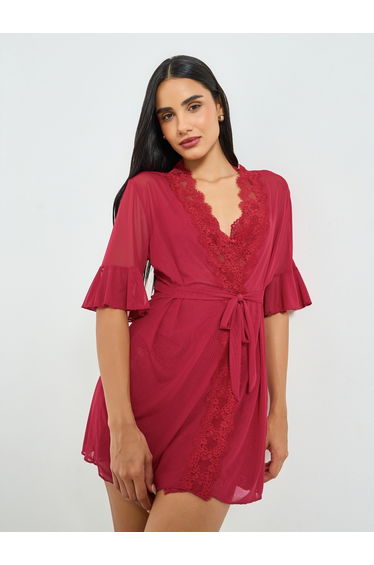 Burgundy Lace Trim Robe and Slip Dress Set