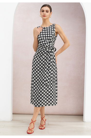 Gingham Tie-Bow Ruched Waist Sleeveless Dress in Black for Brunch Dates & Office Day