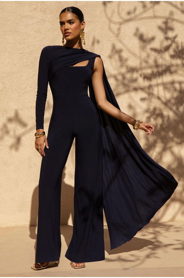Graces | Navy High-Neck Jumpsuit With Cape Sleeve