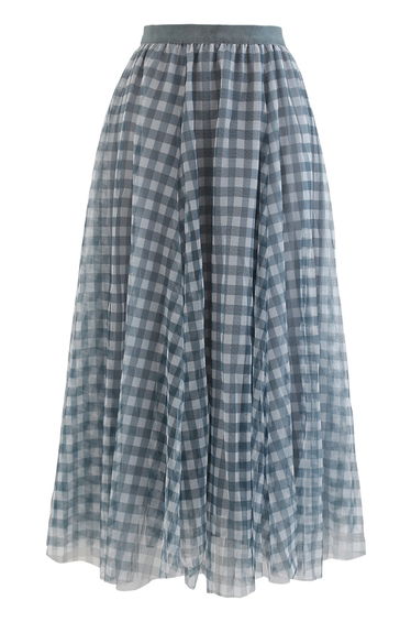 Gingham Double-Layered Mesh Tulle Midi Skirt in Green
