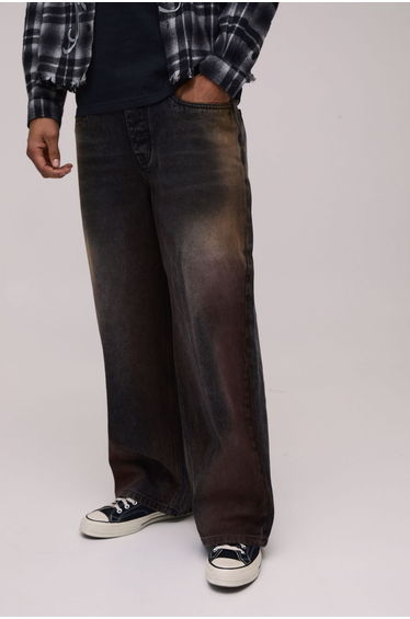 Baggy Rigid Bleach Washed Denim Jeans - dark brown
