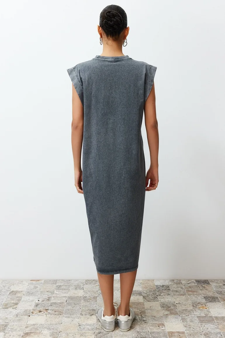Anthracite Faded Effect 100% Cotton Moon Sleeve Cut Knitted Dress - 5