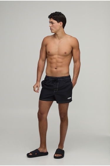Constrast Stitch Short Length Man Embroidered Swim Short - black