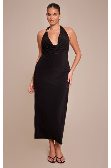 Plus Black Slinky Halterneck Buckle Detail Maxi Dress