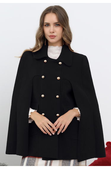 Stately Double-Breasted Collar Knit Cape Coat in Black