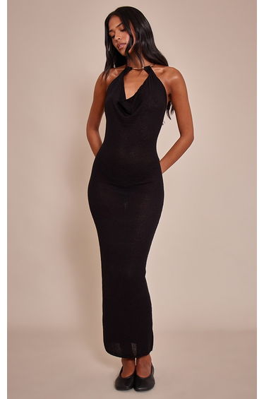 Tall Black Gold Cuff Detail Knitted Maxi Dress