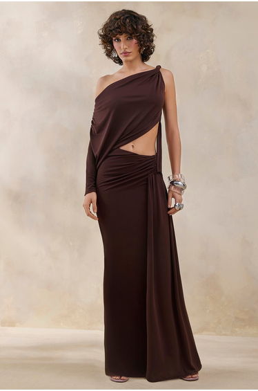 Layla | Brown Asymmetric-Neck Wrap Maxi Dress With Body Cut-Out And Ruched Detailing