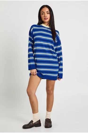 Stripe Long Sleeve Knitted Mini Dress - navy