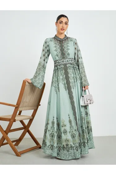 flared bottom hem placement print jalabiya