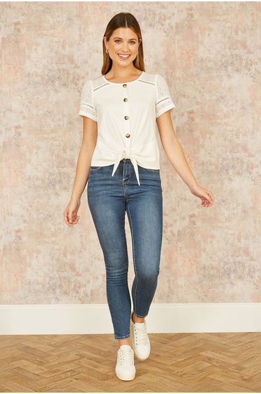 Yumi White Jersey Button Detail T-Shirt With Broderie Anglaise Sleeves And Tie Front