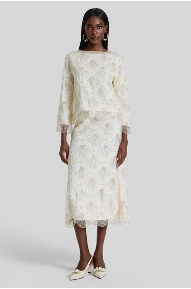Nail Bead Embroidery Top & Low Waist Midi Skirt Set