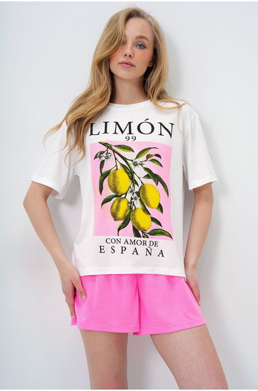 Women's Light Pink Lemon Printed Cotton Basic T-Shirt and Shorts Pajama Set