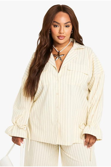 Plus Stripe Linen Look Oversized Shirt - ecru
