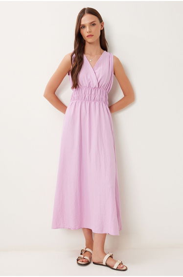 Women's Pink Wrap Collar Midi Woven Dress